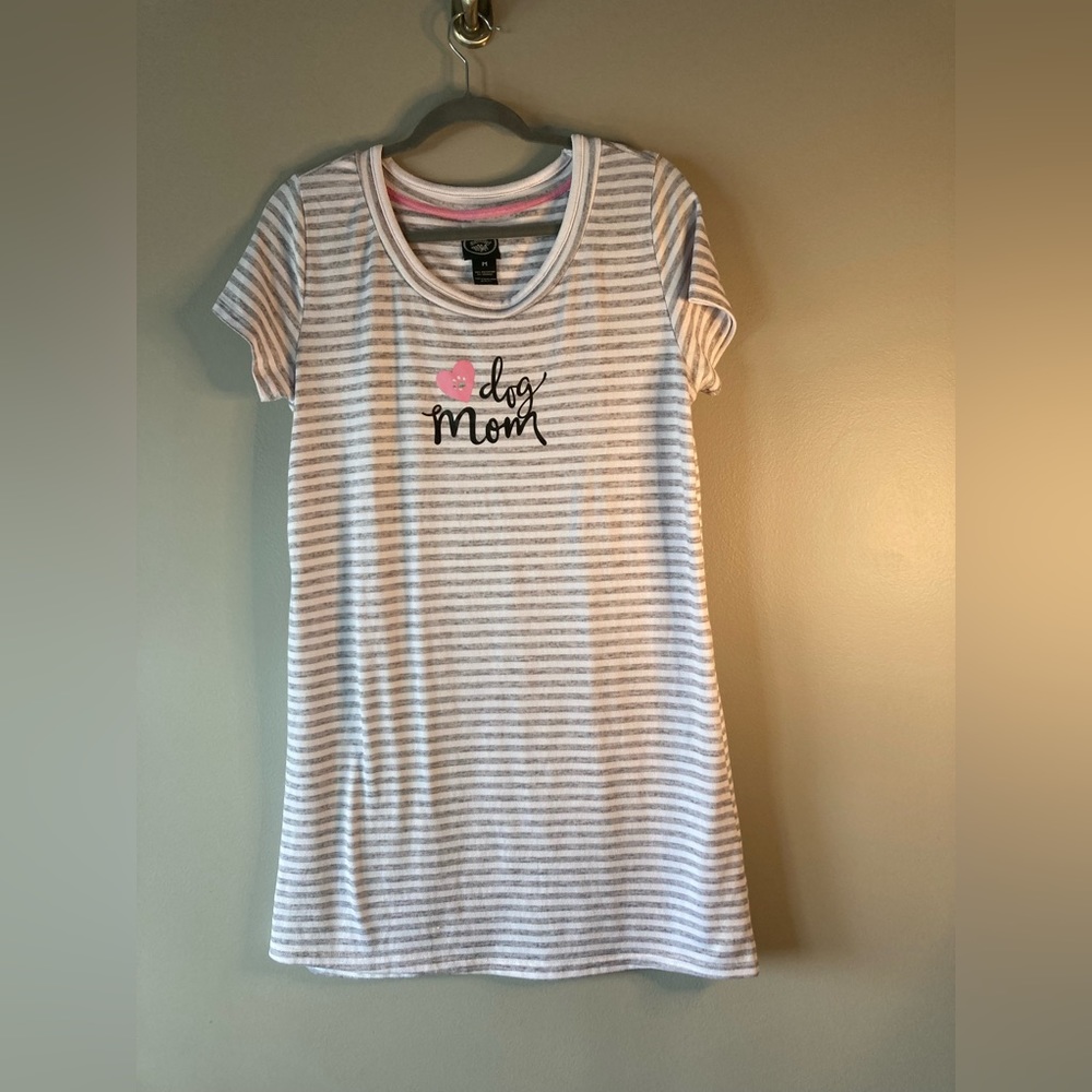 Laura Ashley SleepShirt 
M Dog Mom Gray White Stripe 
Cozy Loungewear.